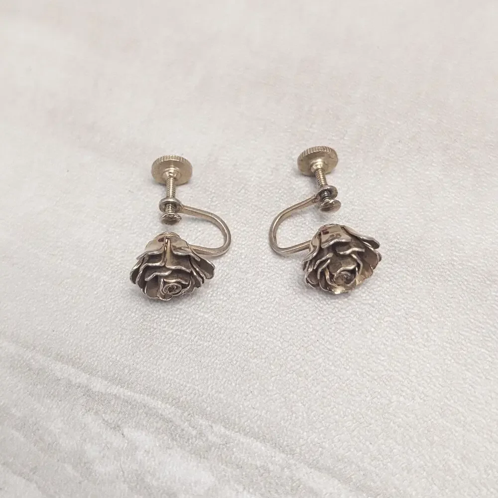 Vintage Screw On Earrings Flower Dark Gold Tone - Fair Condition